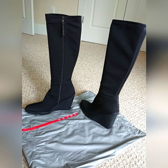 Prada black silk Radzmire fabric sporty knee high wedge boots size 6 - Picture 2 of 16
